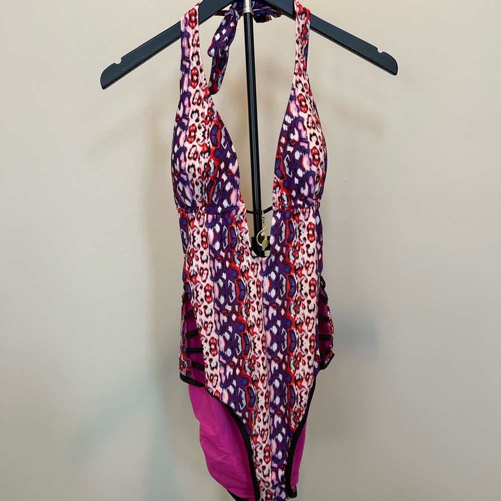 Baby Phat Vibrant Pink & Purple Patterned Halter One-Piece Swim #182